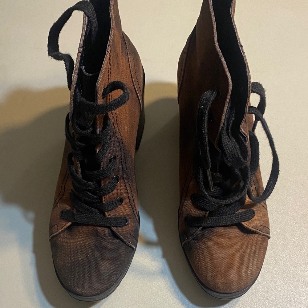 Mix No. 6 Brown Canvas Lace-Up Wedge Boots with Black Laces